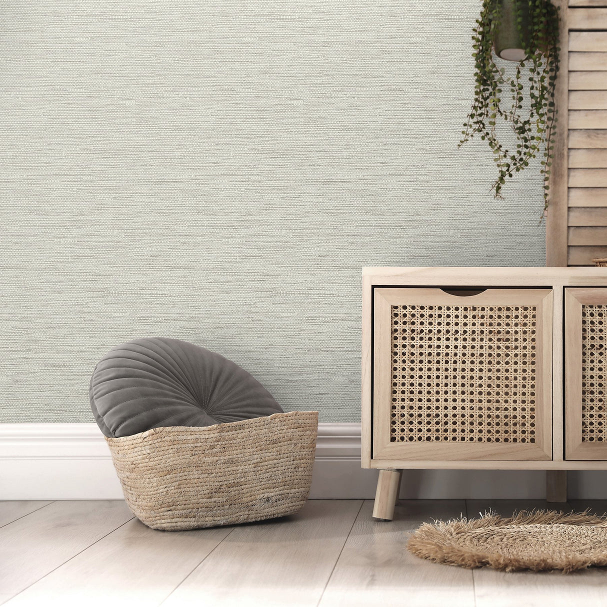 Mephi Natural Faux Grasscloth Vinyl Wallpaper with Textured Metallic Accents - Fine Decor FD43158