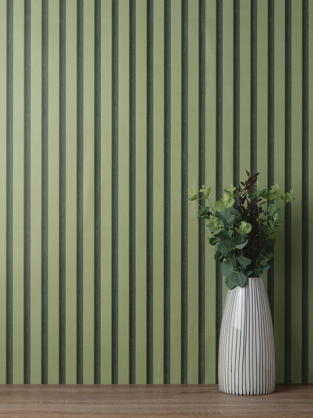 Reggie Olive Vertical Slats Wallpaper with Stripes Feature Wall - Fine Decor FD43289
