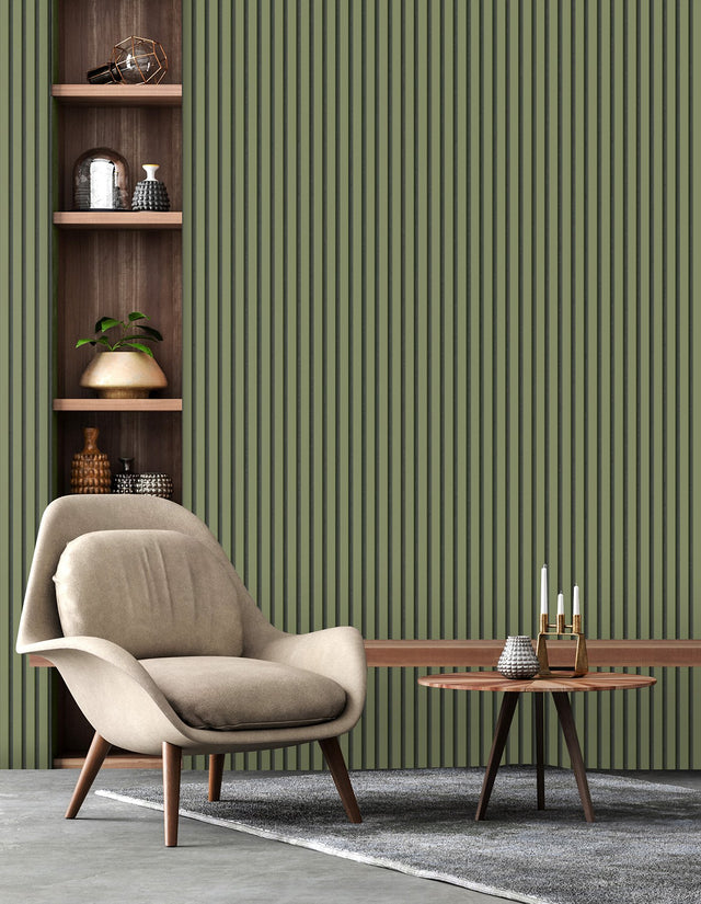 Reggie Olive Vertical Slats Wallpaper with Stripes Feature Wall - Fine Decor FD43289
