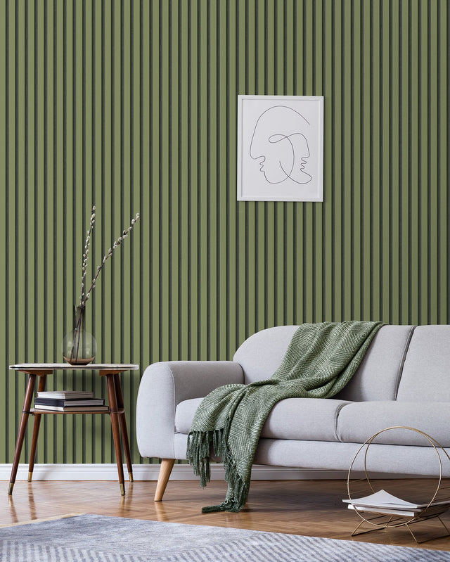 Reggie Olive Vertical Slats Wallpaper with Stripes Feature Wall - Fine Decor FD43289