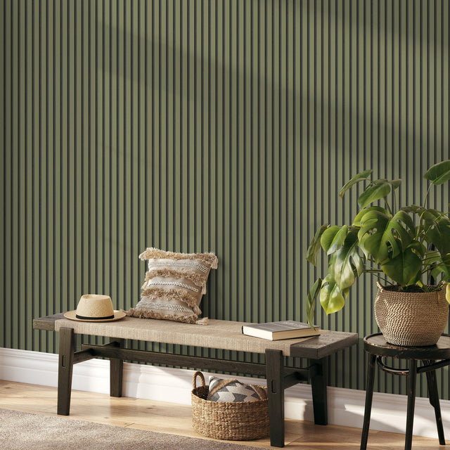 Reggie Olive Vertical Slats Wallpaper with Stripes Feature Wall - Fine Decor FD43289