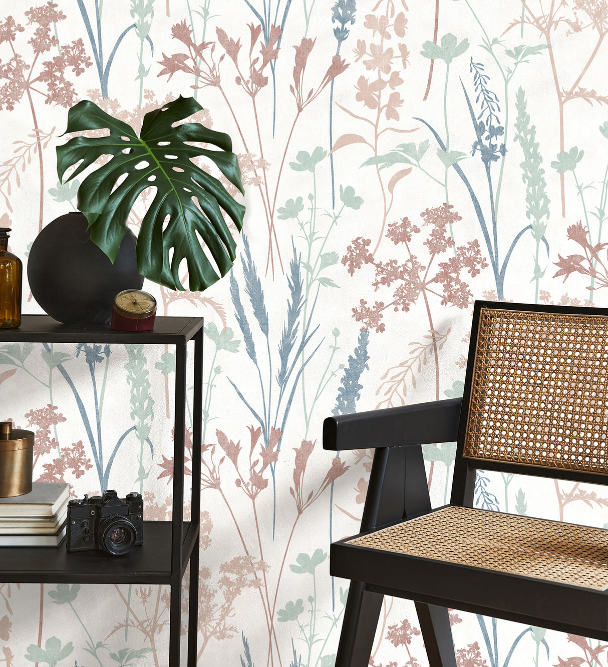 Nanette Pastel Botanical Wallpaper by Fine Decor Wildflower Silhouette in Blush Pink, Sage Green, and Denim Blue - FD43420