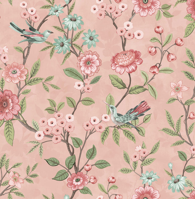 Elspeth Pink Floral Trail wallpaper with birds and flowers on a pink background