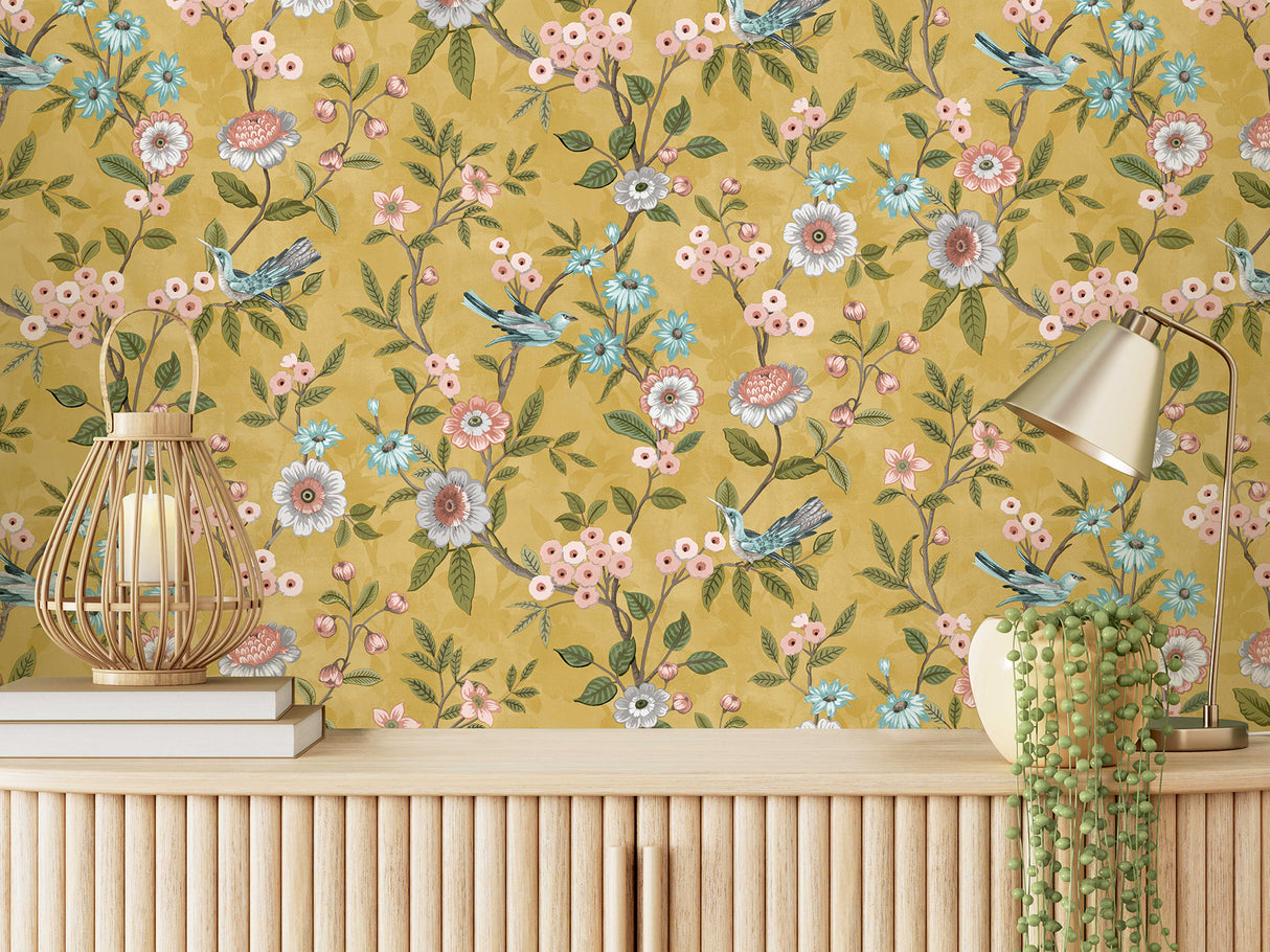 Elspeth Mustard by Fine Decor Floral Trail Wallpaper – Brewster Home Fashions FD43446