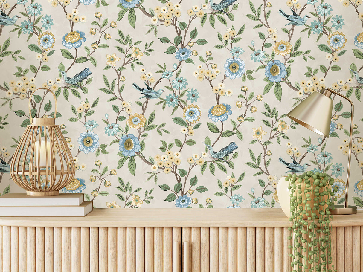 Elspeth Light Yellow by Fine Decor Floral Trail Wallpaper – Brewster Home Fashions FD43448