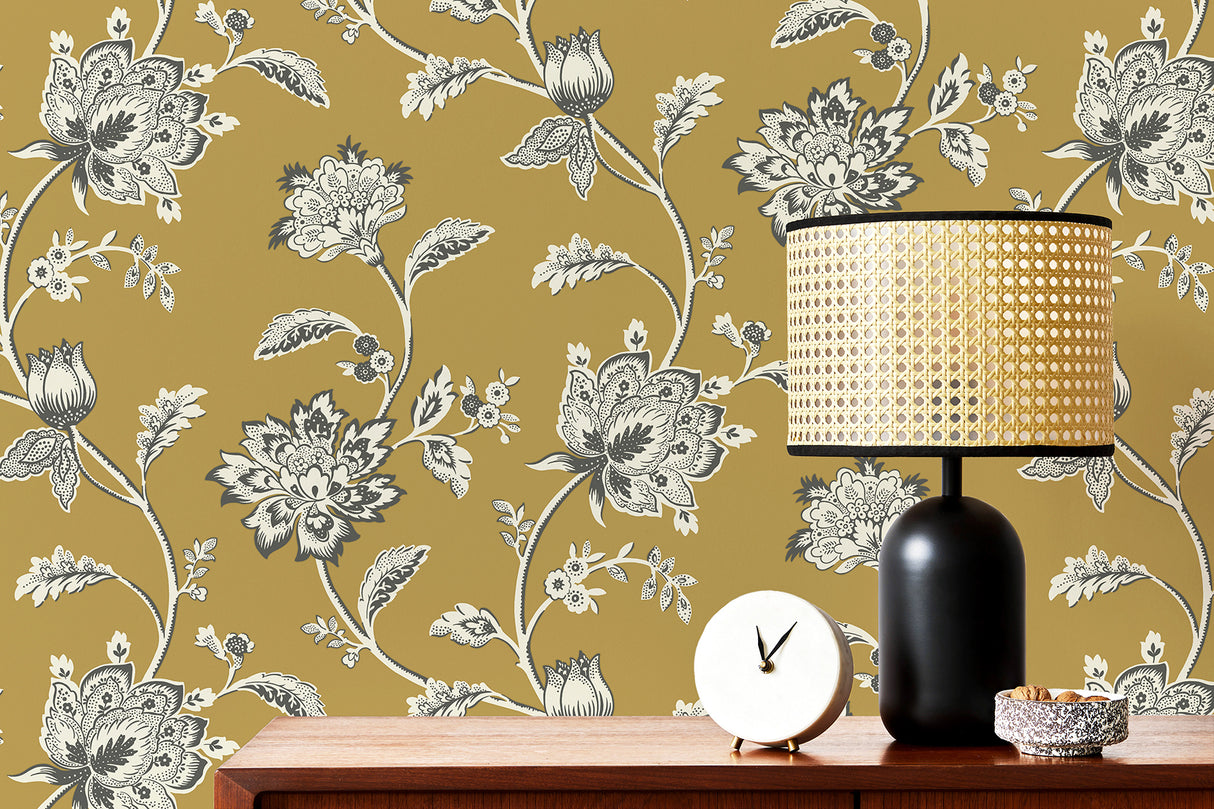 Juliette Mustard by Fine Decor Jacobean Wallpaper – Brewster Home Fashions FD43450