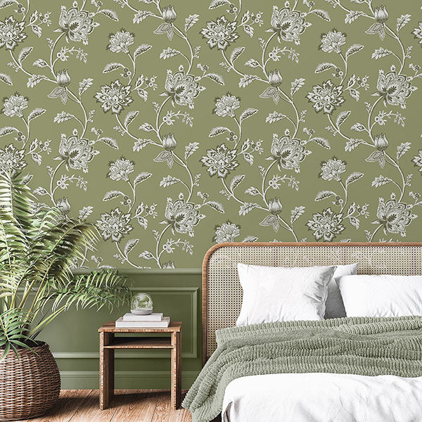 Juliette Sage by Fine Decor Jacobean Wallpaper- Brewster Home Fashions FD43454