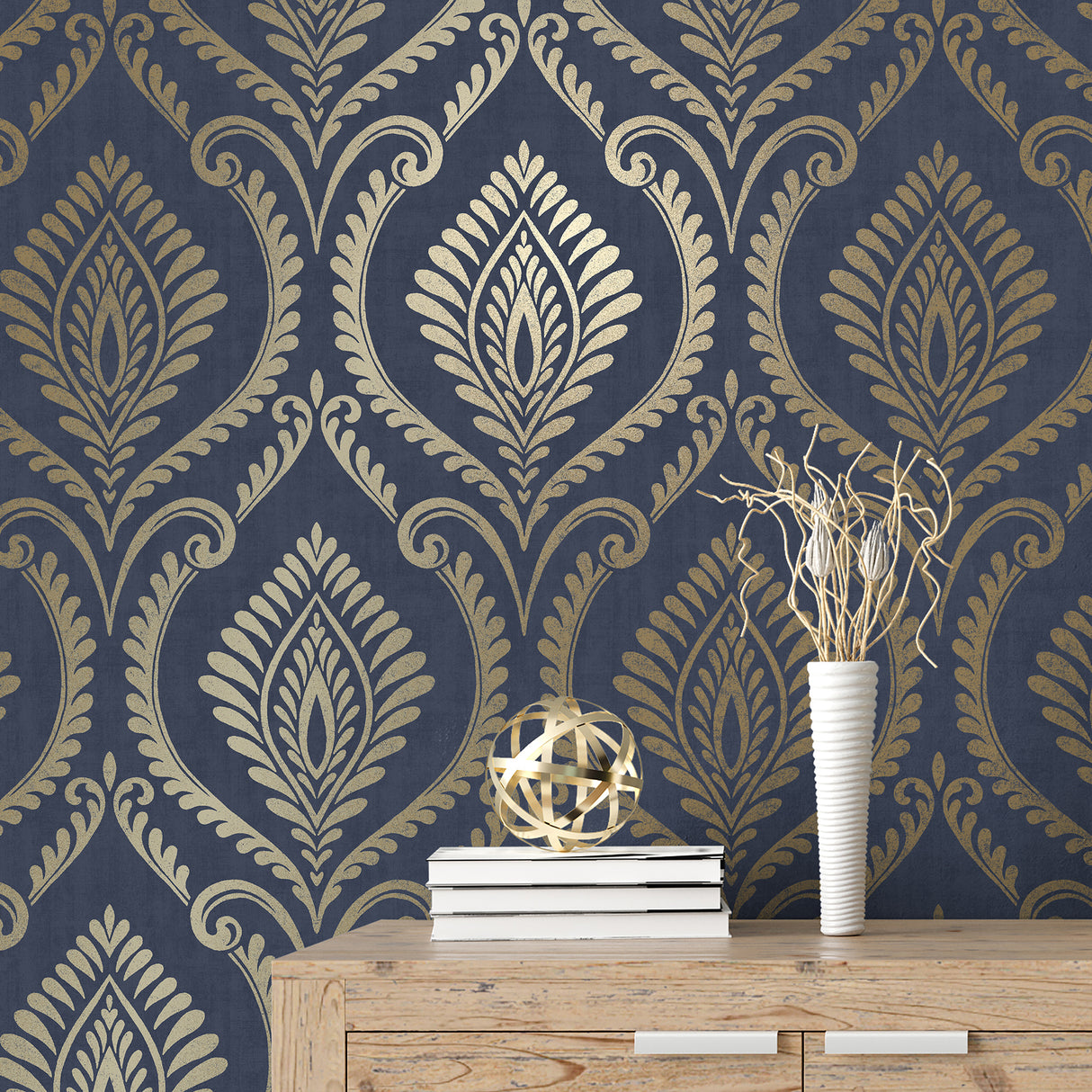 Estelle Blue and Gold by Fine Decor Traditional Scrolled Damask Unpasted Paper Wallpaper, Medley Collection, 20.5-in by 33-ft Roll - FD43481