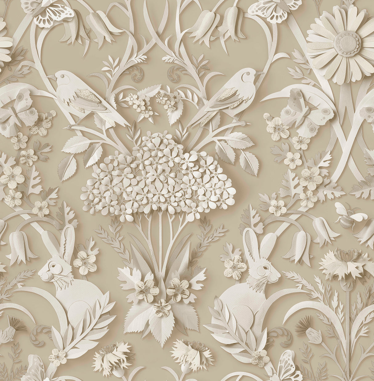 Fine Decor Fae Neutral Woodland Wallpaper FD43606 roll and room view showing paper-cut animals and florals on beige