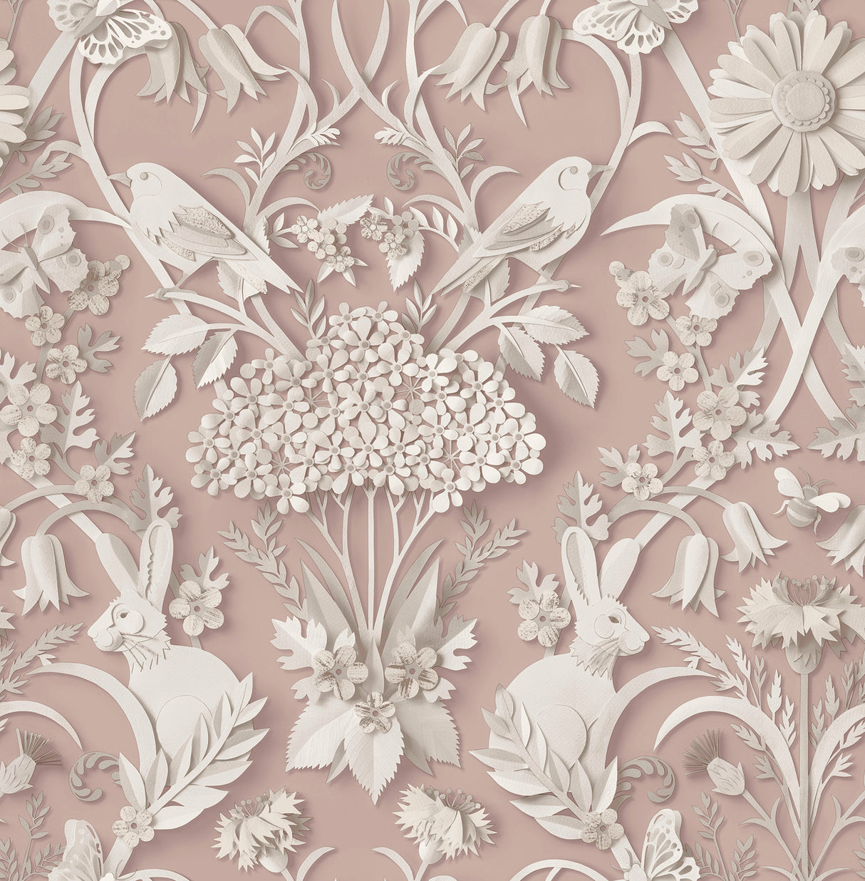 Fine Decor Fae Light Pink woodland wallpaper roll and room scene with paper-cut animals and florals