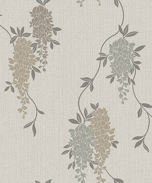 Fine Decor Aisla Neutral Wisteria wallpaper in neutral tones with cascading florals