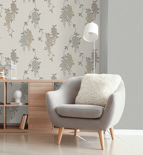 Aisla Neutral Wisteria by Fine Decor Botanical Wallpaper – Brewster Home Fashions FD43673