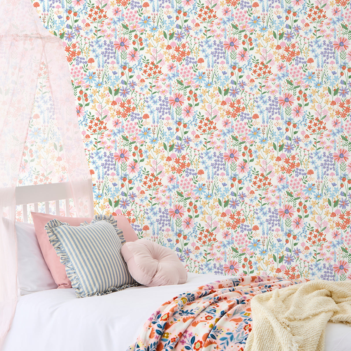 Zena Multicolor Berries and Blooms by Fine Decor Whimsical Botanical Garden Pastel Floral Illustrated Unpasted Paper Wallpaper Roll - FD43713