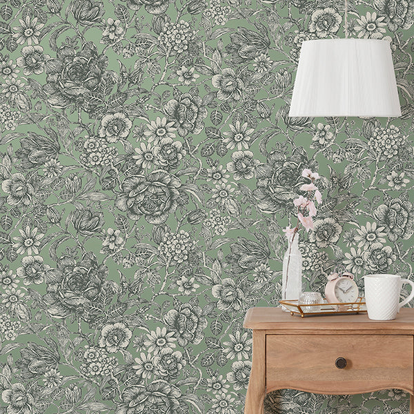 Hedgerow Green by Fine Decor Floral Trails Wallpaper – Brewster Home Fashions FD43777