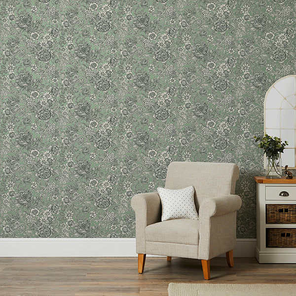Hedgerow Green by Fine Decor Floral Trails Wallpaper – Brewster Home Fashions FD43777