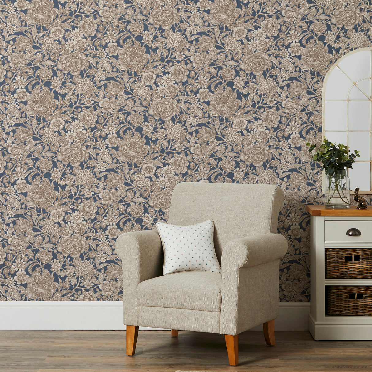 Hedgerow Navy by Fine Decor Floral Trails Wallpaper – Brewster Home Fashions FD43778