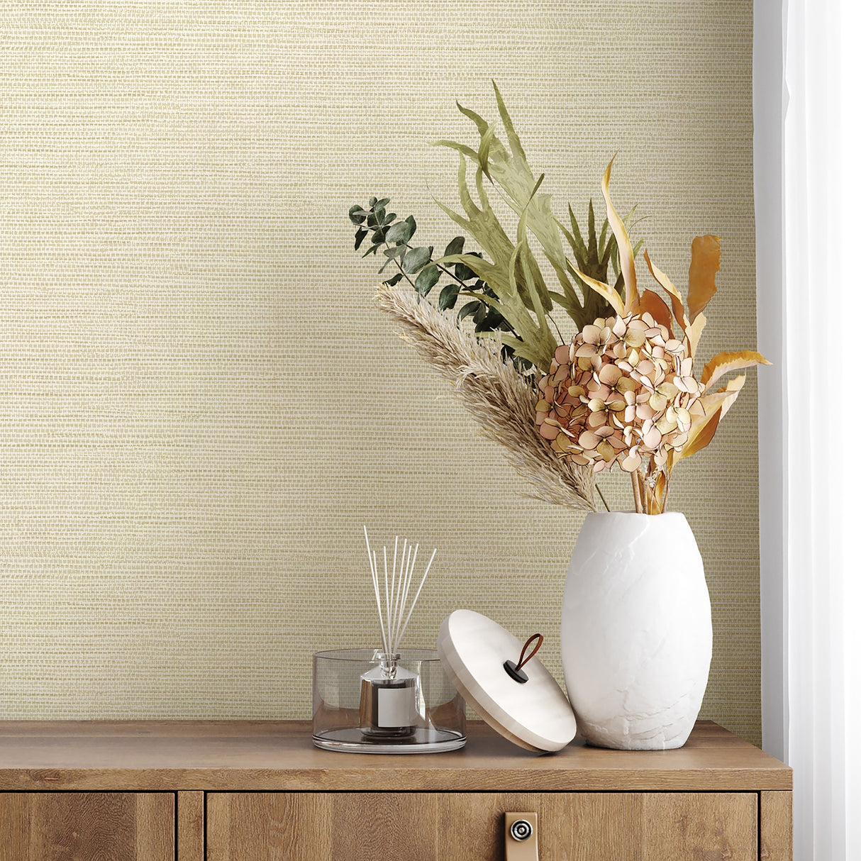 Miya Light Yellow by Fine Decor Faux Grasscloth Wallpaper – Brewster Home Fashions FD43790