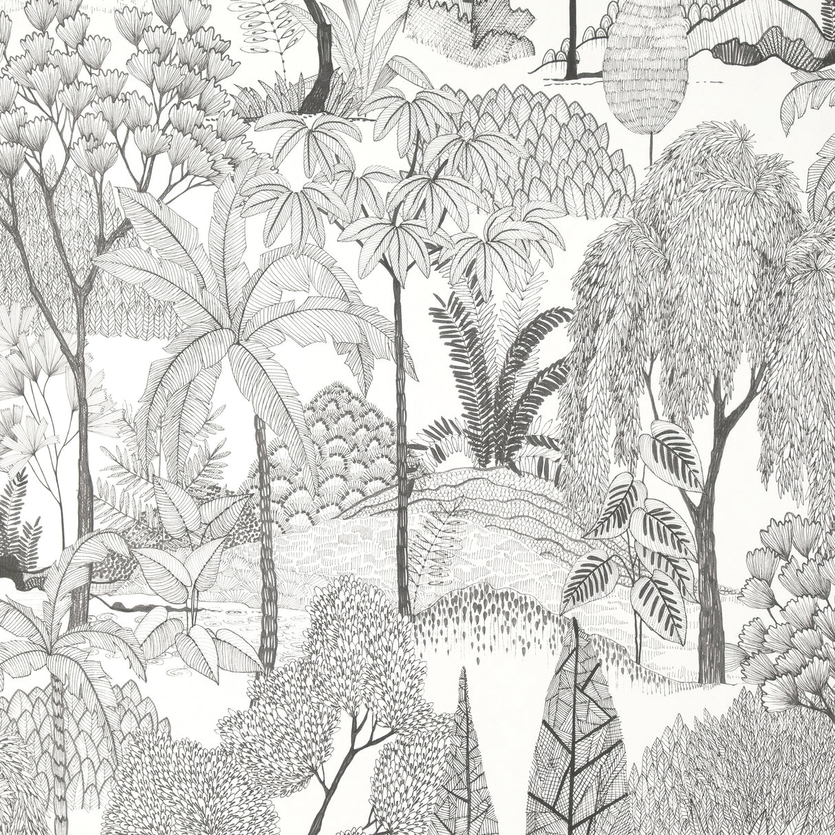 Fine Decor Lilou White Tropical Island Wallpaper pattern in charcoal on white