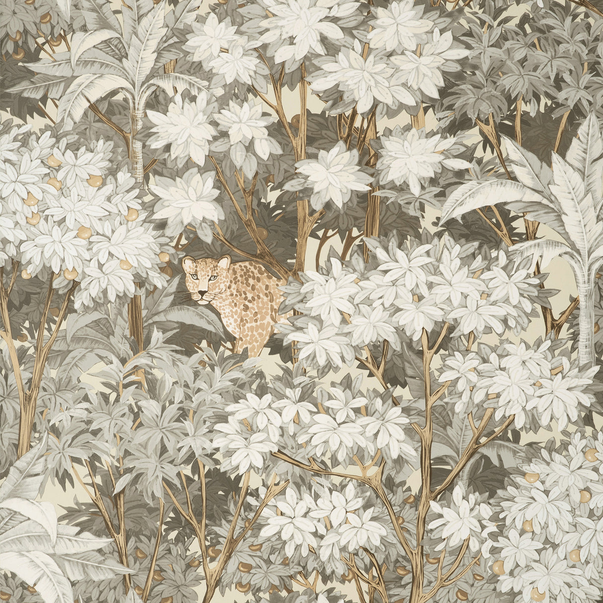 Fine Decor Kamali Neutral Leopard Trees Wallpaper roll detail showing leopards among grey foliage