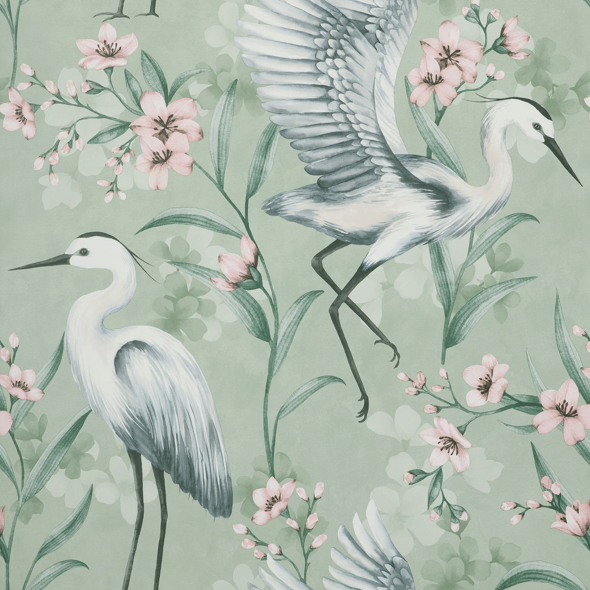 Fine Decor Simonetta Seafoam Heron Wallpaper roll showing white herons and pink blossoms on a green background.