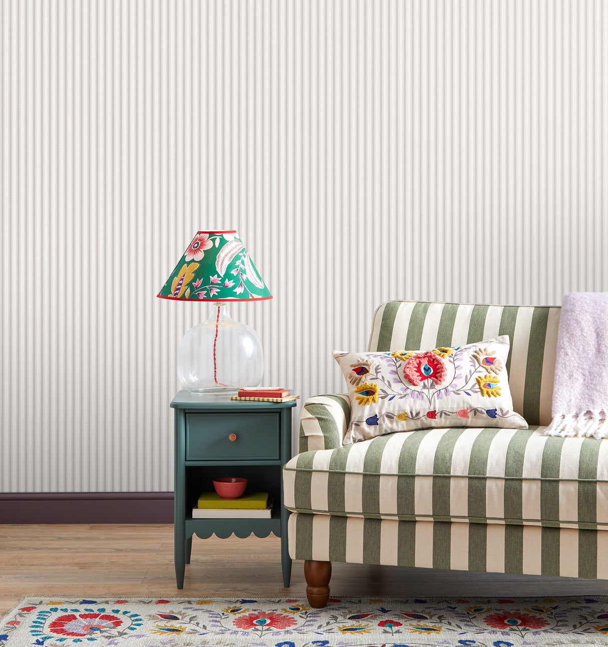 Fine Decor Chirico Lavender Ticking Stripe Wallpaper roll and room view