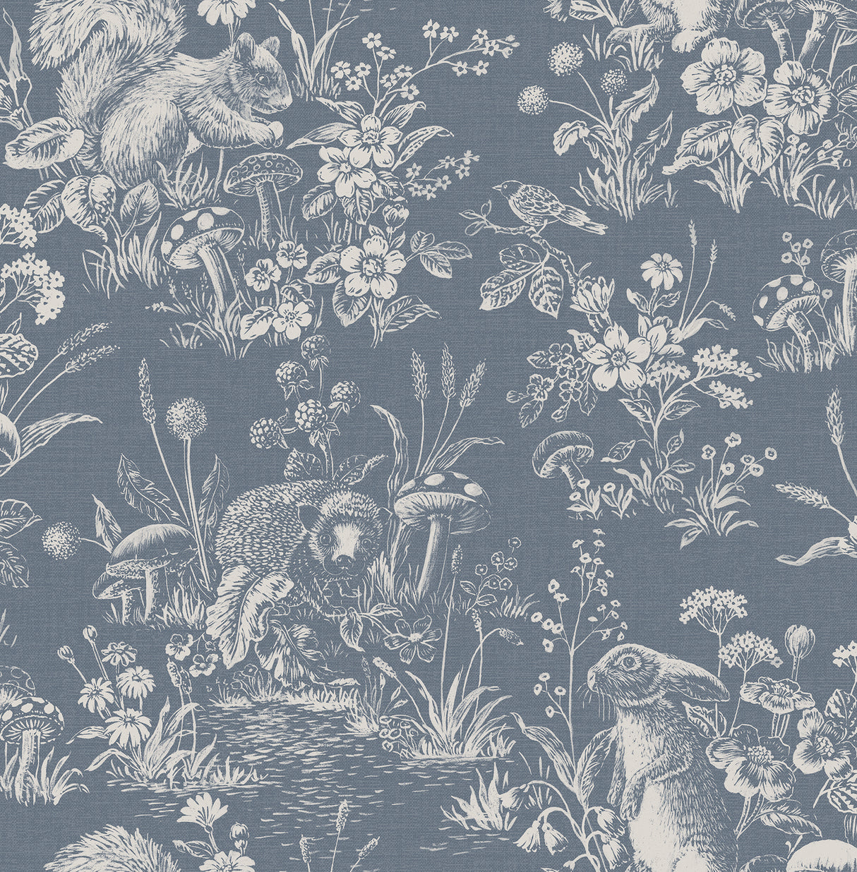 Fine Decor Eames Blue Forest Friends wallpaper roll in denim blue with white woodland animals and florals