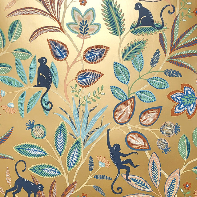 Kenzo Gold Monkey Walk wallpaper detail in gold with monkeys and botanicals