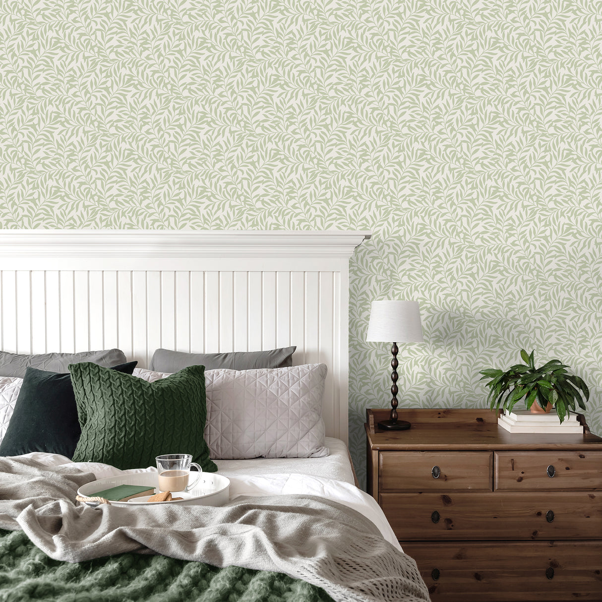 Salix Sage Trailing Leaf Botanical Vine Farmhouse Wallpaper by Fine Decor, Non Woven Unpasted Strippable, 20.5 in x 33 ft - FD43942