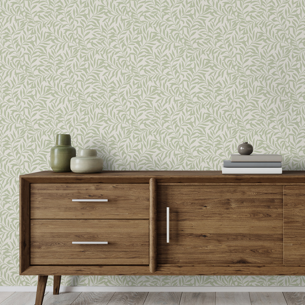 Salix Sage Trailing Leaf Botanical Vine Farmhouse Wallpaper by Fine Decor, Non Woven Unpasted Strippable, 20.5 in x 33 ft - FD43942