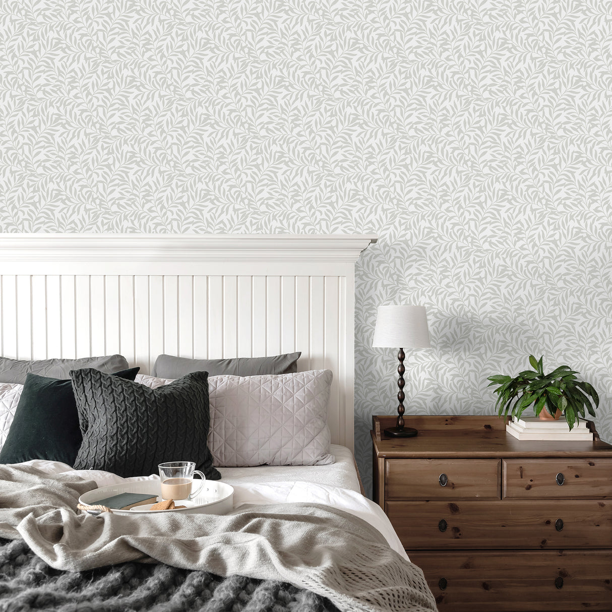 Salix Grey Trailing Leaf Non Woven Unpasted Farmhouse Botanical Vine Wallpaper from the Medley Collection by Fine Decor - FD43943