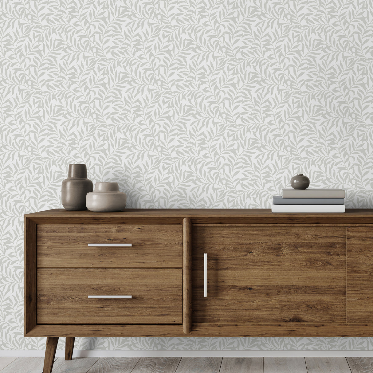 Salix Grey Trailing Leaf Non Woven Unpasted Farmhouse Botanical Vine Wallpaper from the Medley Collection by Fine Decor - FD43943