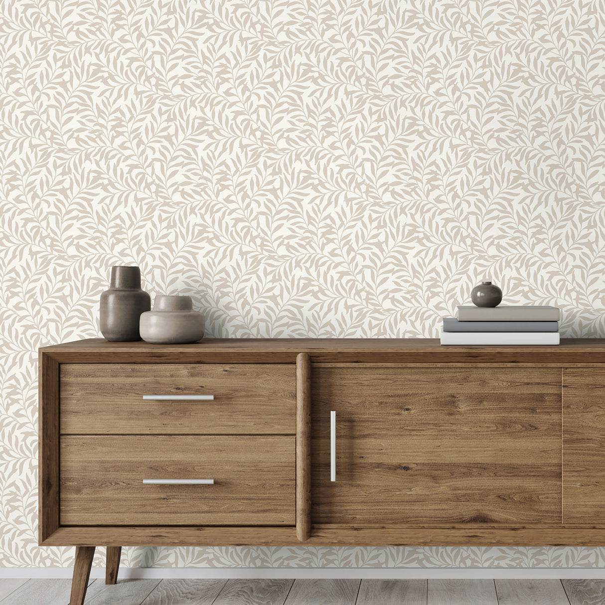 Salix Light Brown Trailing Leaf Botanical Vine Wallpaper by Fine Decor Unpasted Non Woven Farmhouse Strippable Sidewall 20.5 In x 33 Ft - FD43944