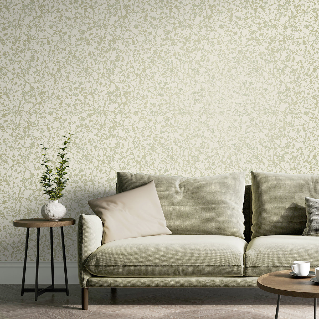 Jaya Moss Organic Sprig Non Woven Unpasted Wallpaper in Moss Green and Cream by Fine Decor Botanical Branch Pattern - FD43945