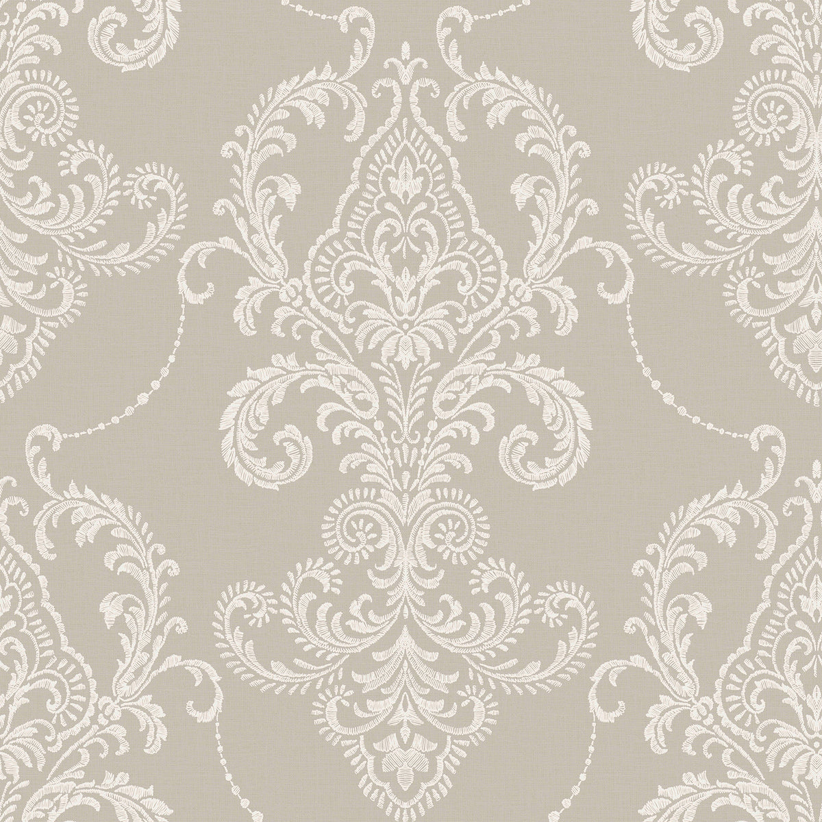 Valda Taupe Embroidered Damask Wallpaper by Fine Decor - FD43952