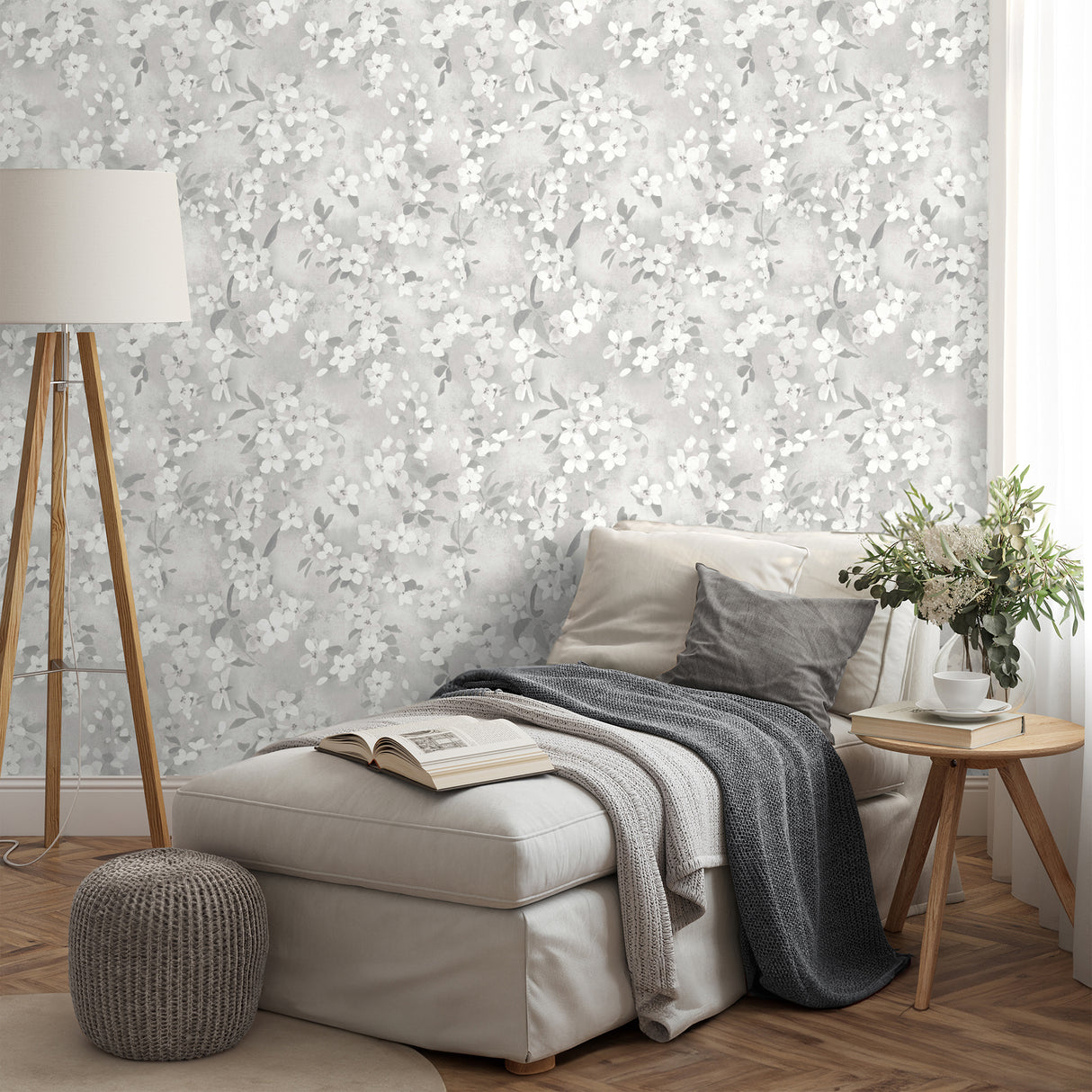 Briella Light Grey and White Springtime Blossom Botanical Farmhouse Floral Non Woven Paste the Wall Wallpaper from Medley by Fine Decor - FD43953