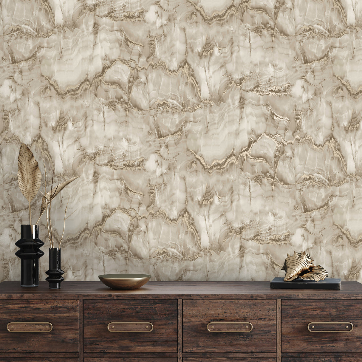 Imre Neutral Elara Marble Stone Pattern Strippable Washable Wallpaper in Taupe Grey and Ivory Unpasted Non Woven by Fine Decor - FD43955