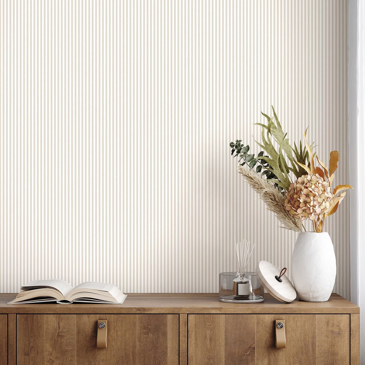 Ticking Neutral Mini Stripe Neutral by Fine Decor Classic Ticking Stripe Non Woven Unpasted Wallpaper from the Medley Collection - FD43956