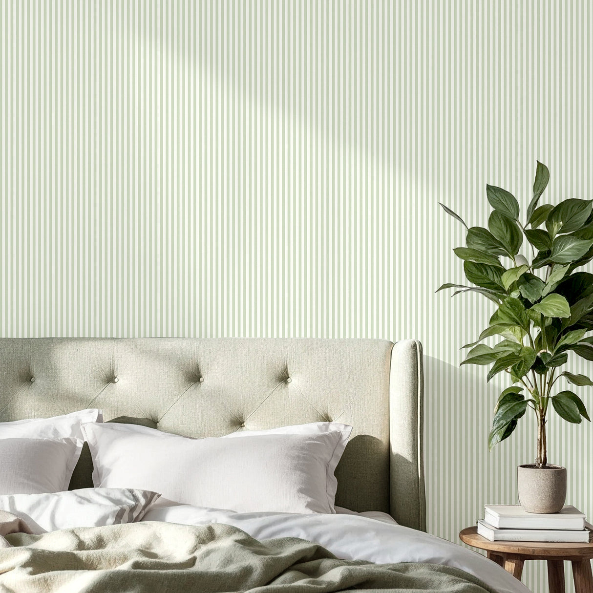 Ticking Mini Stripe Green by Fine Decor Classic Vertical Stripe Non Woven Unpasted Washable Strippable Wallpaper - FD43957