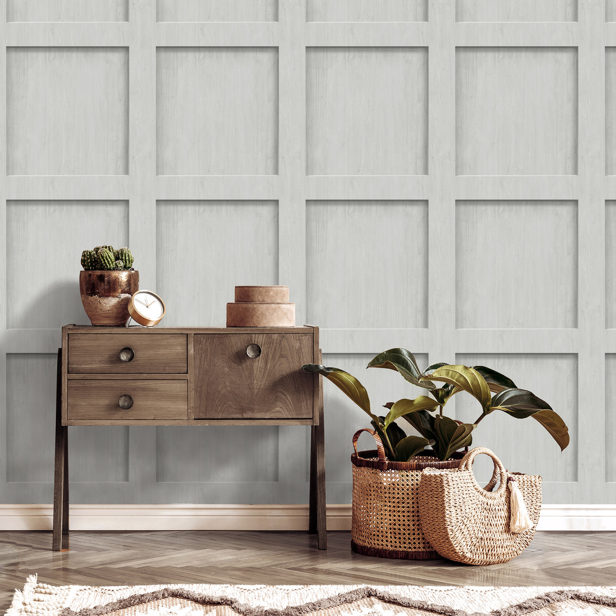 Wyatt Dove by Fine Decor Photorealistic Square Wood Panel Masculine Non Woven Unpasted Strippable Washable Pale Grey Sidewall Wallpaper - FD43962