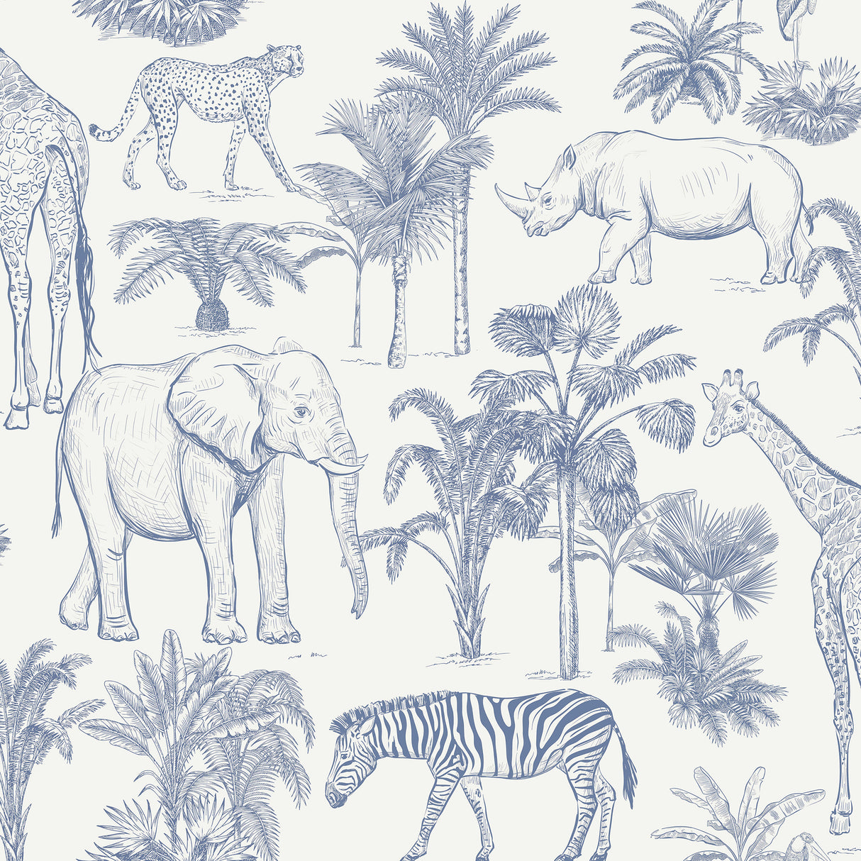 Ansaldo Blue Safari Wallpaper by Fine Decor - FD43967, featuring illustrated elephants, giraffes, zebras, rhinos, and cheetahs in blue on a white background