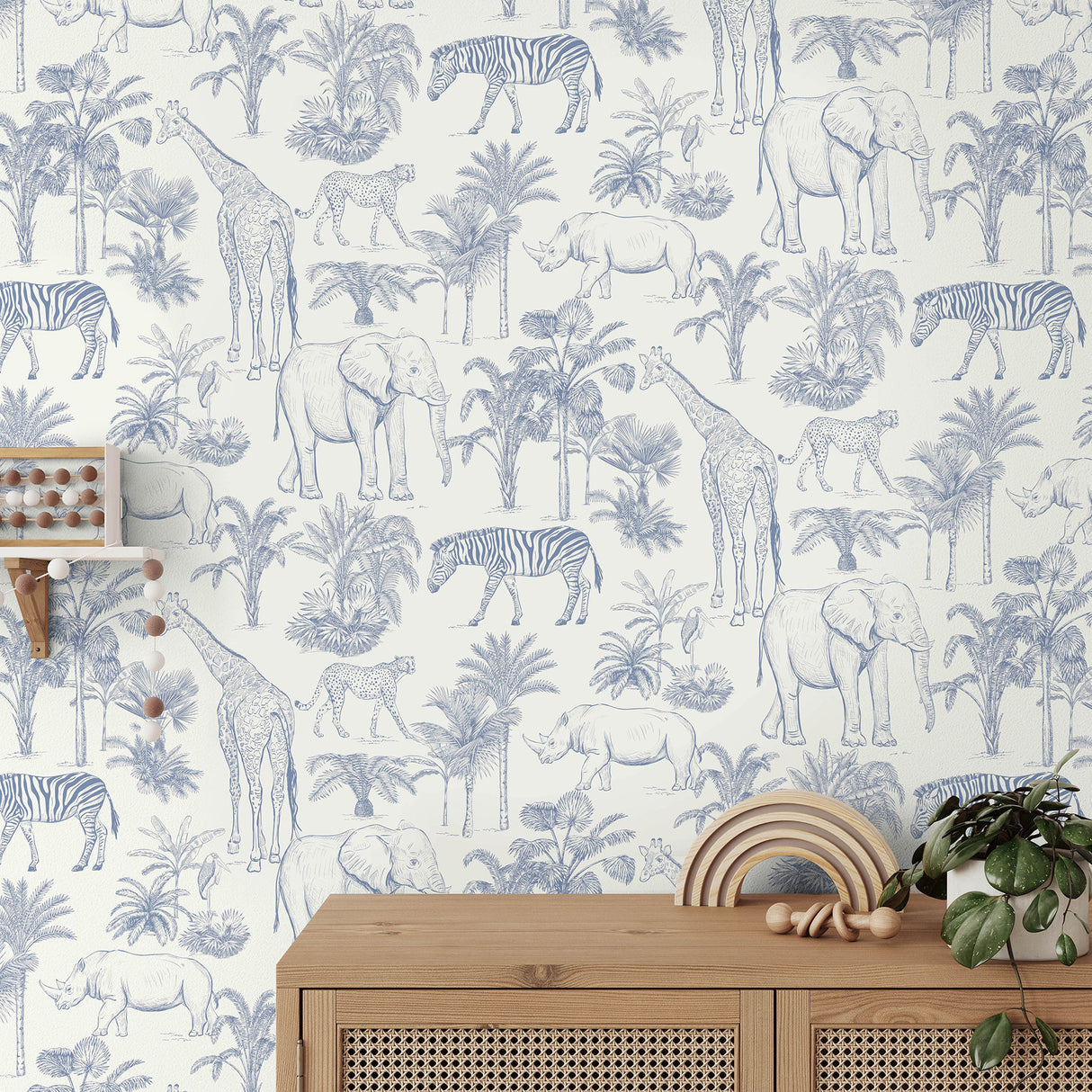 Ansaldo Blue Safari by Fine Decor Bohemian Illustrative Safari Animal Wallpaper with Elephants Giraffes Zebras and Rhinos - FD43967