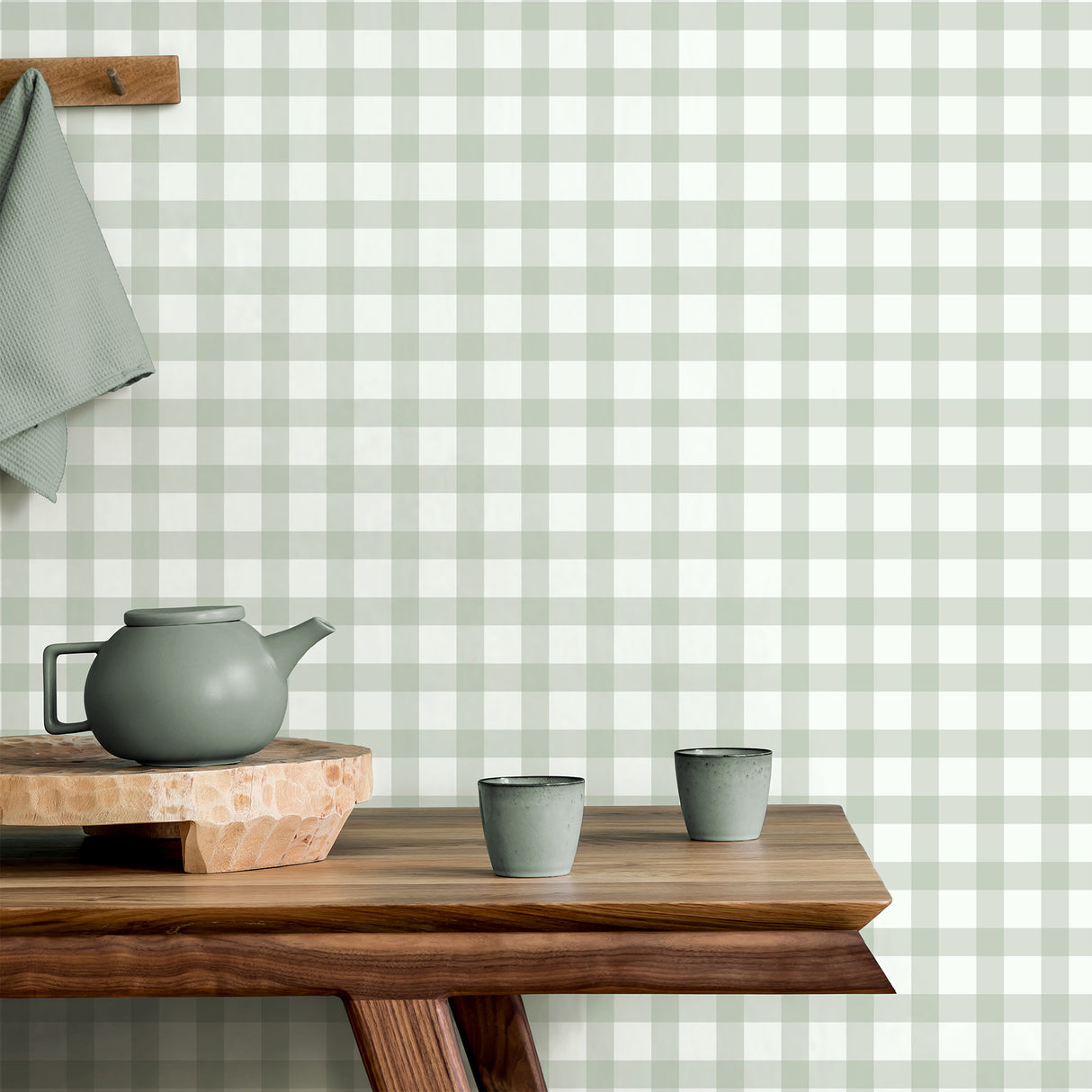 Belen Sage by Fine Decor Classic Sage Green and White Gingham Plaid Farmhouse Non Woven Unpasted Washable Wallpaper 20.5 In x 33 Ft - FD43970