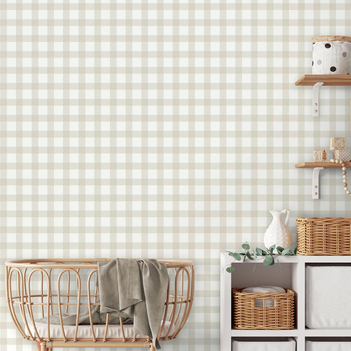 Belen Beige Gingham Wallpaper in Beige and White by Fine Decor FD43971 Farmhouse Plaid Non Woven Unpasted Sidewall 20.5in x 33ft