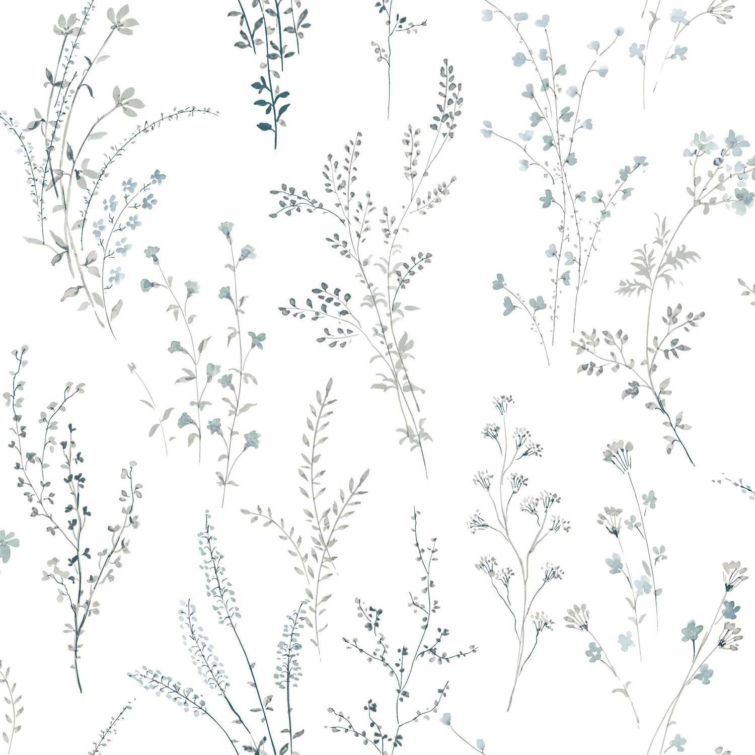 Wildflower Sprigs Blue & Green Wallpaper with Bohemian Floral Motif - York FH4027