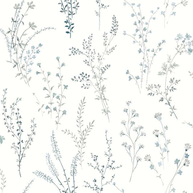 Wildflower Sprigs Blue & Green Wallpaper with Bohemian Floral Motif - York FH4027