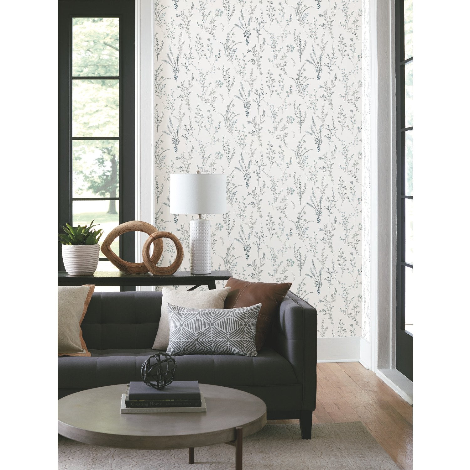 Wildflower Sprigs Blue & Green Wallpaper with Bohemian Floral Motif - York FH4027