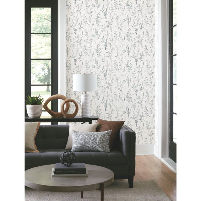 Wildflower Sprigs Blue & Green Wallpaper with Bohemian Floral Motif - York FH4027