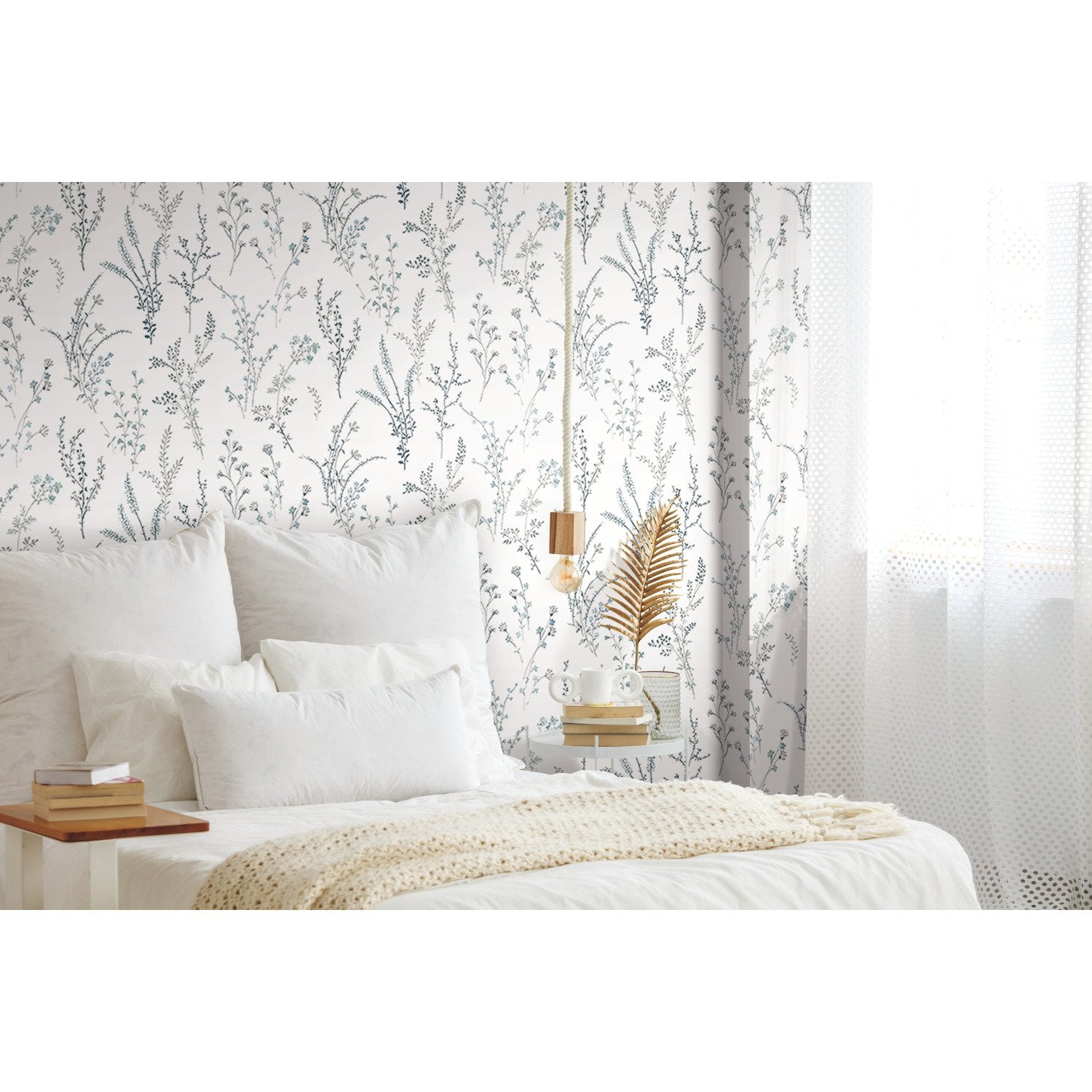 Wildflower Sprigs Blue & Green Wallpaper with Bohemian Floral Motif - York FH4027