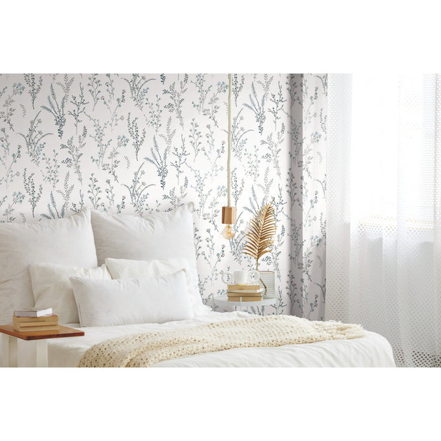 Wildflower Sprigs Blue & Green Wallpaper with Bohemian Floral Motif - York FH4027