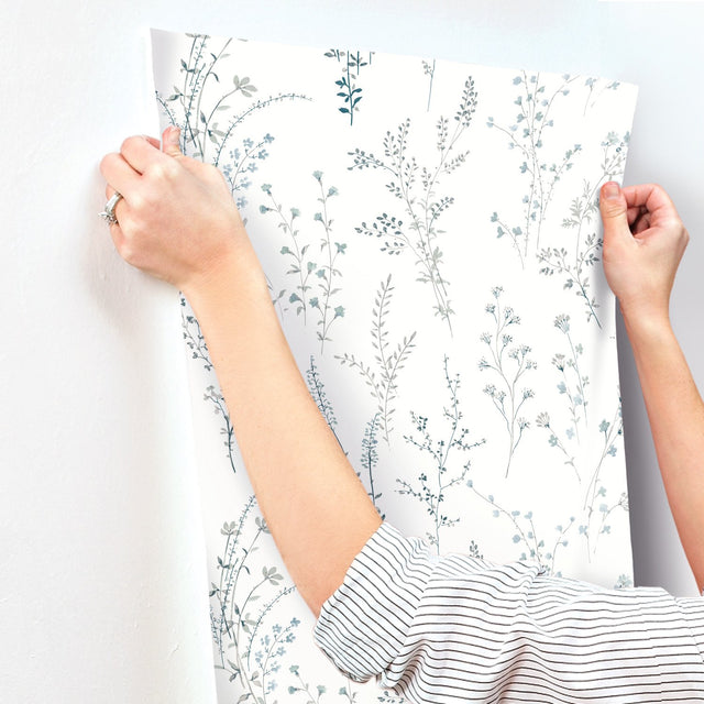 Wildflower Sprigs Blue & Green Wallpaper with Bohemian Floral Motif - York FH4027